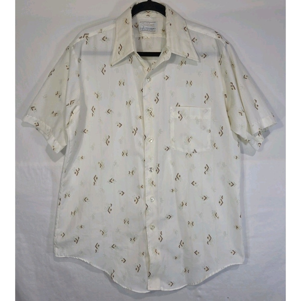 VTG 70s Golden Arrow Geometric AOP Print DISCO Retro Poly Button Up Shirt LRG 16